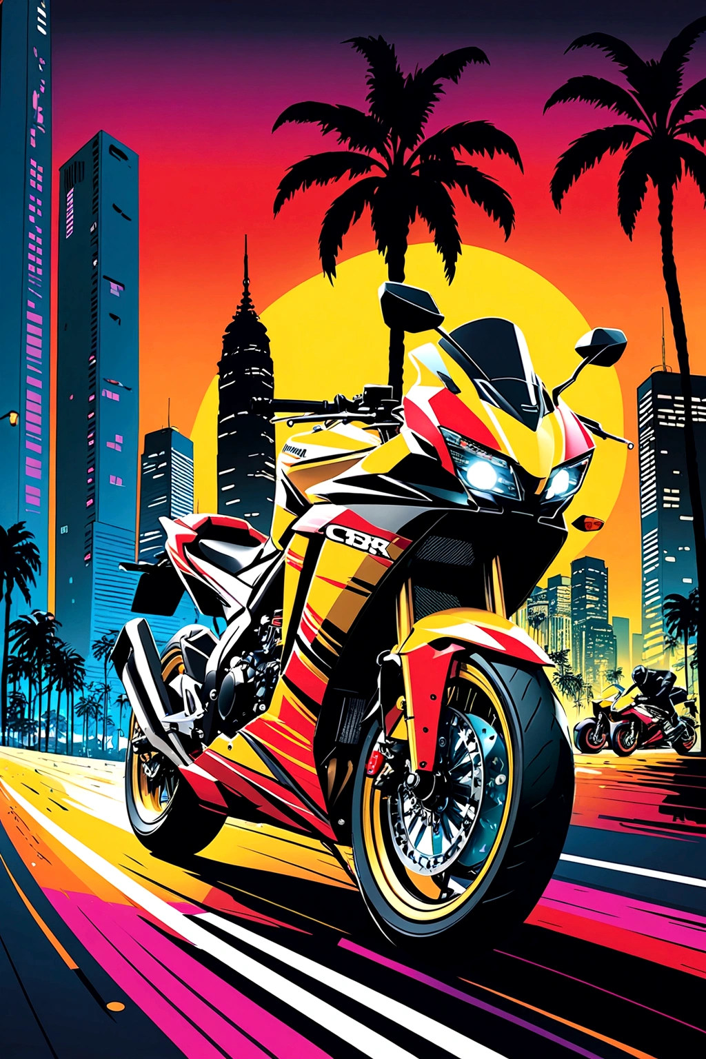 Yellow Lambourguini Urus racing a 2020 Honda CBR motorcycle next to the car. Keep the graphic style intense and colorful with a colorful city background and city lights glowing in the background