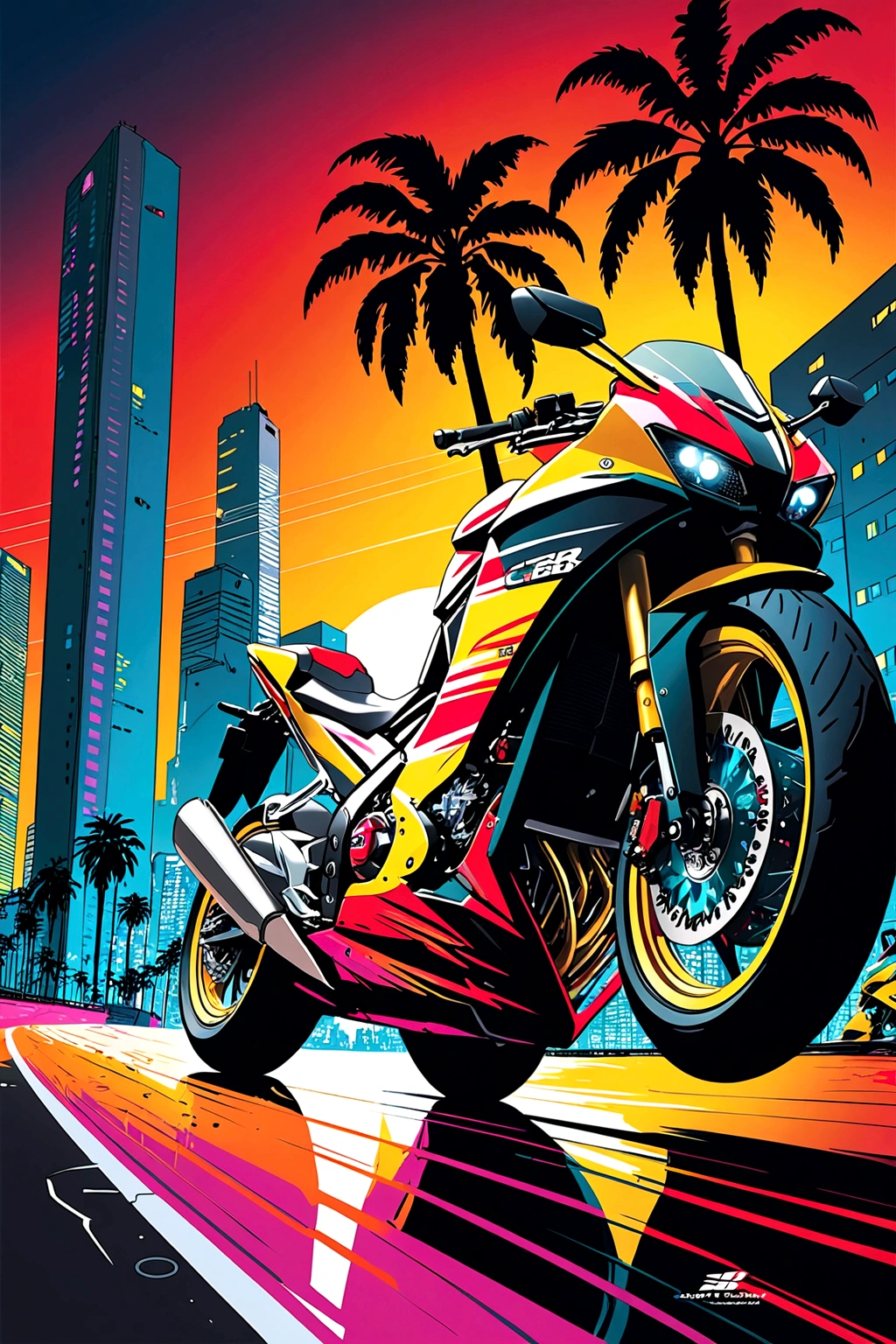 Yellow Lambourguini Urus racing a 2020 Honda CBR motorcycle next to the car. Keep the graphic style intense and colorful with a colorful city background and city lights glowing in the background
