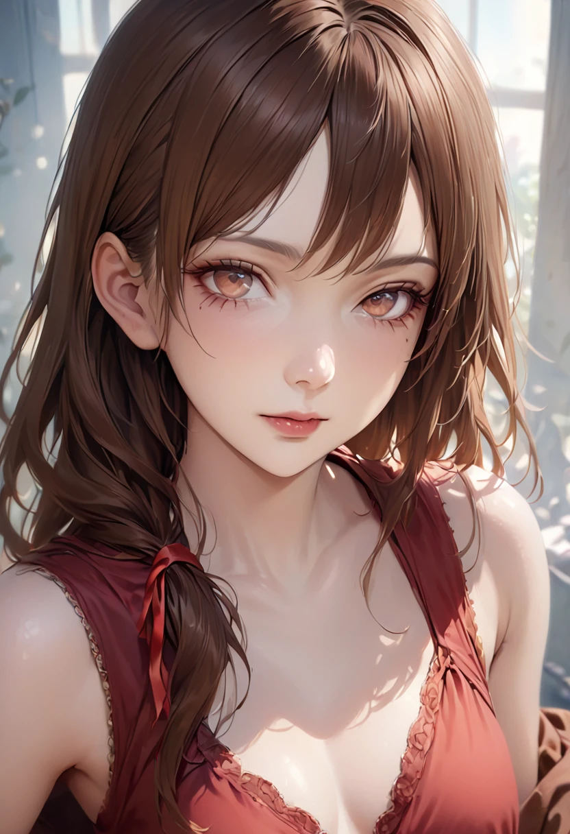 10 years of life, Brown Hair, Fair skin, Realistic, Long hair tied with a red ribbon, Light brown eyes, Red dress, 8K images, Realistic human skin, Image of real ,