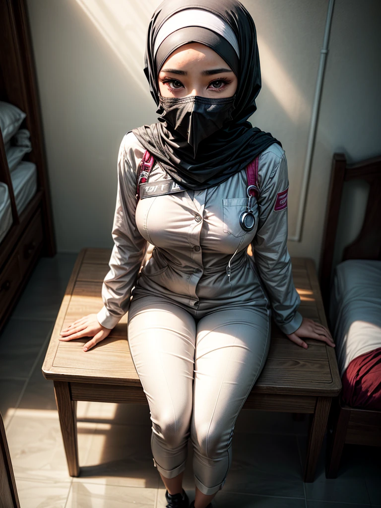 (1 girl), great body, in a hospital, ((wearing hijab)), wearing long white nurse uniform, long sleeves, long white pants, shot from above, wearing niqab, wearing mouth cover
