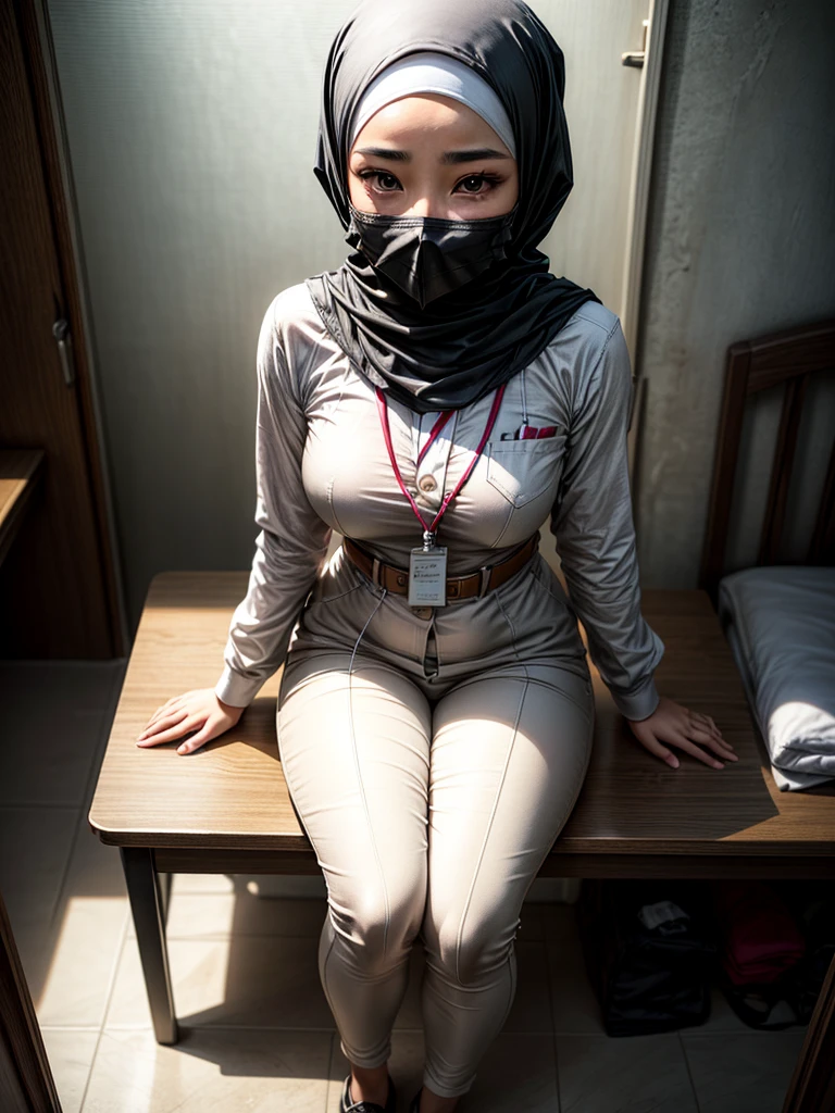 (1 girl), great body, in a hospital, ((wearing hijab)), wearing long white nurse uniform, long sleeves, long white pants, shot from above, wearing niqab, wearing mouth cover