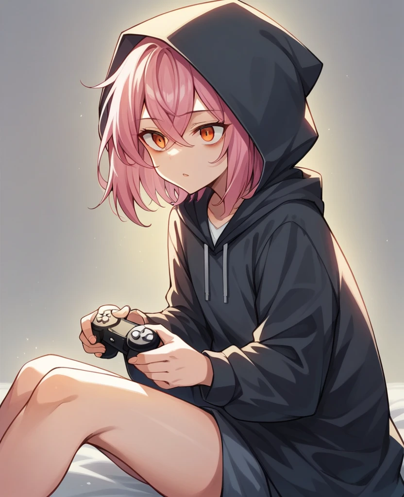 One woman、Pink Hair、Hairstyle、Shortcuts、Orange eyes、Slanted Eyes、whole body、Sitting、Holding a game controller in hand、ビューワーを見る、indoor、Dim lighting, pink hair, short hair, crossed bangs, hood, hood up, tsurime, orange eyes, parted lips, from side, UHD, super detail