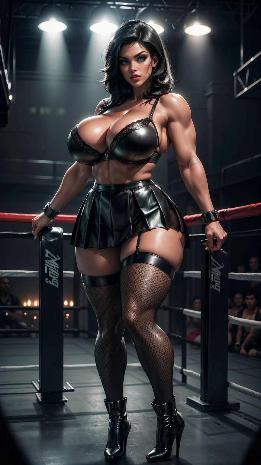 (best quality,highres:1.2), (ultra-detailed), (realistic:1.37), (HDR,UHD), (physically-based rendering), (busty mature muscular Denise Milani), beautiful supermodel face, ((black leather pleated skirt:1.3)), ((black leather bra:1.3)), ((short stiletto-heeled combat boots)), ((short, straight jet-black hair:1.3)), ((firm breasts, deep cleavage, perfectly round breasts)), ((thicc, thick thighs:1.4)), ((wide calves, thick strong calves:1.5)), ((beautiful large green eyes):1.3), (intimidating pose in a boxing ring), (full-body portrait), (vivid colors), (fishnet stockings, thighhigh fishnet stockings:1.3), (hot red lips, makeup:1.3), sexy fighter, prominent breasts, rock solid breasts, (full body portrait:1.3), big_boltedontits, boltedontits, th3p1t, sakimichan,