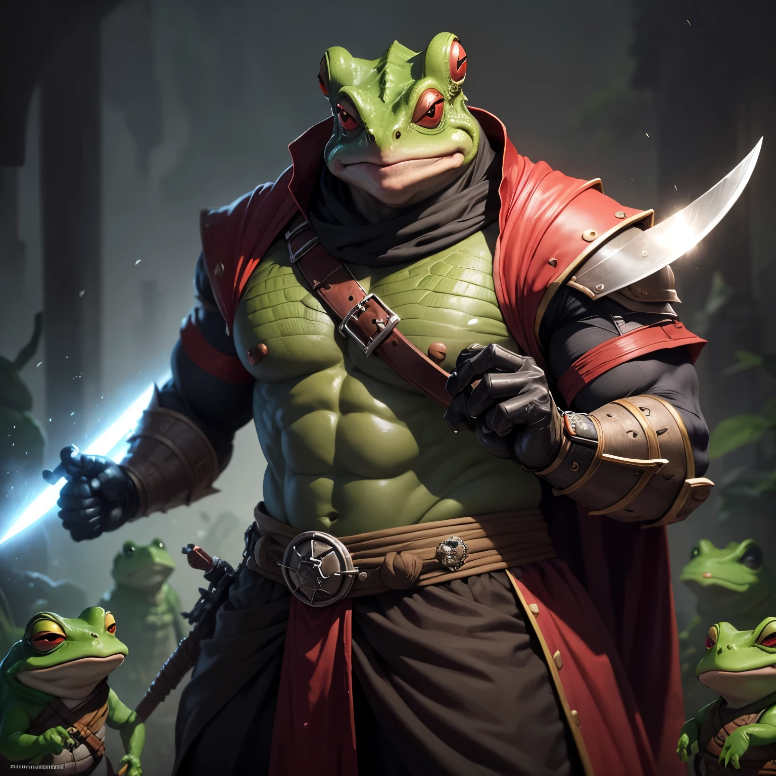 8k, masterpiece, best quality, realistic, higly detailed, 1creature, bullywug, male, solo, battletoads, yokozuna from one piece, frog-like humanoid, smooth and reasonably tough skin, gray skin, red frog-like eyes, wide mouth, long flicking tongue, dnd, rpg, warlock, a close up of a frog with a knife in its hand, lizardfolk, toad samurai, from pathfinder, frog, anthropomorphic turtle humanoid, frog - elephant creature, from dungeons & dragons, from dungeons and dragons, anthropomorphic turtle hero, toad, kobold, goron brute, as an anthropomorphic turtle, solo, red eyes, gray hide, black power, warlock, warlock clothes, solo, red eyes, gray hide, black power, warlock, warlock clothes, solo, red eyes, gray hide, black power, warlock, warlock clothes, humanoid frog, bullywug, warlock, black power, solo, frog humanoid, clothed,