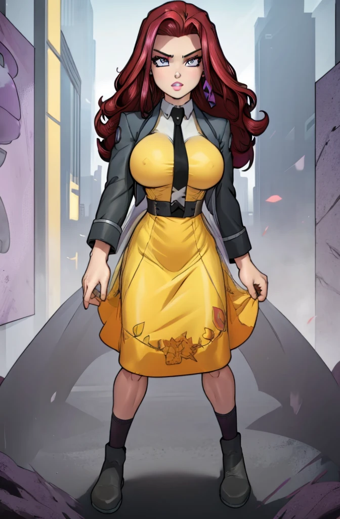 Masterpiece. detailed eyes, rabiestlagomorph, waist-length reddish purple hair, Large breasts, black dress, magic_high_school_uniform, Charcoal jacket, black necktie, yellow skirt embroidery 