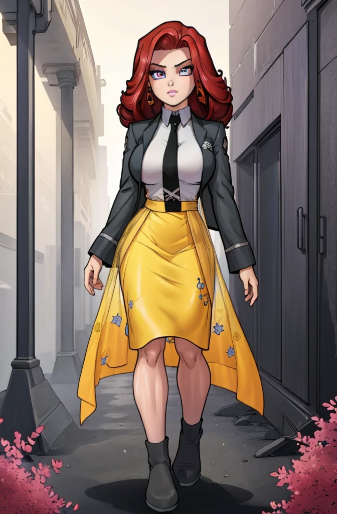 Masterpiece. detailed eyes, rabiestlagomorph, waist-length reddish purple hair, Large breasts, black dress, magic_high_school_uniform, Charcoal jacket, black necktie, yellow skirt embroidery 