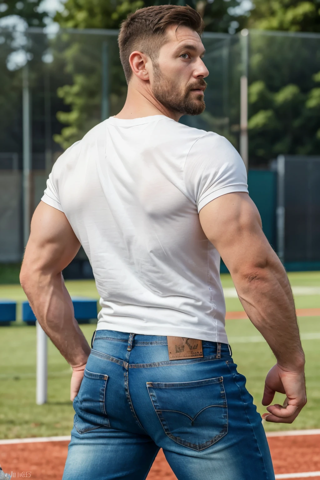 Mature man, best qualities, PE teacher,, white socks, bandage on one hand, bad bad, masterpiece, super high resolution, detailed background, reality, illustration, single, 1 boy, muscle man, beard, school, playground, muscles, facial hair, volumetric lighting, depth of field, wheezing, raised crotch, handsome action, big dynamic, jeans (((backside)))