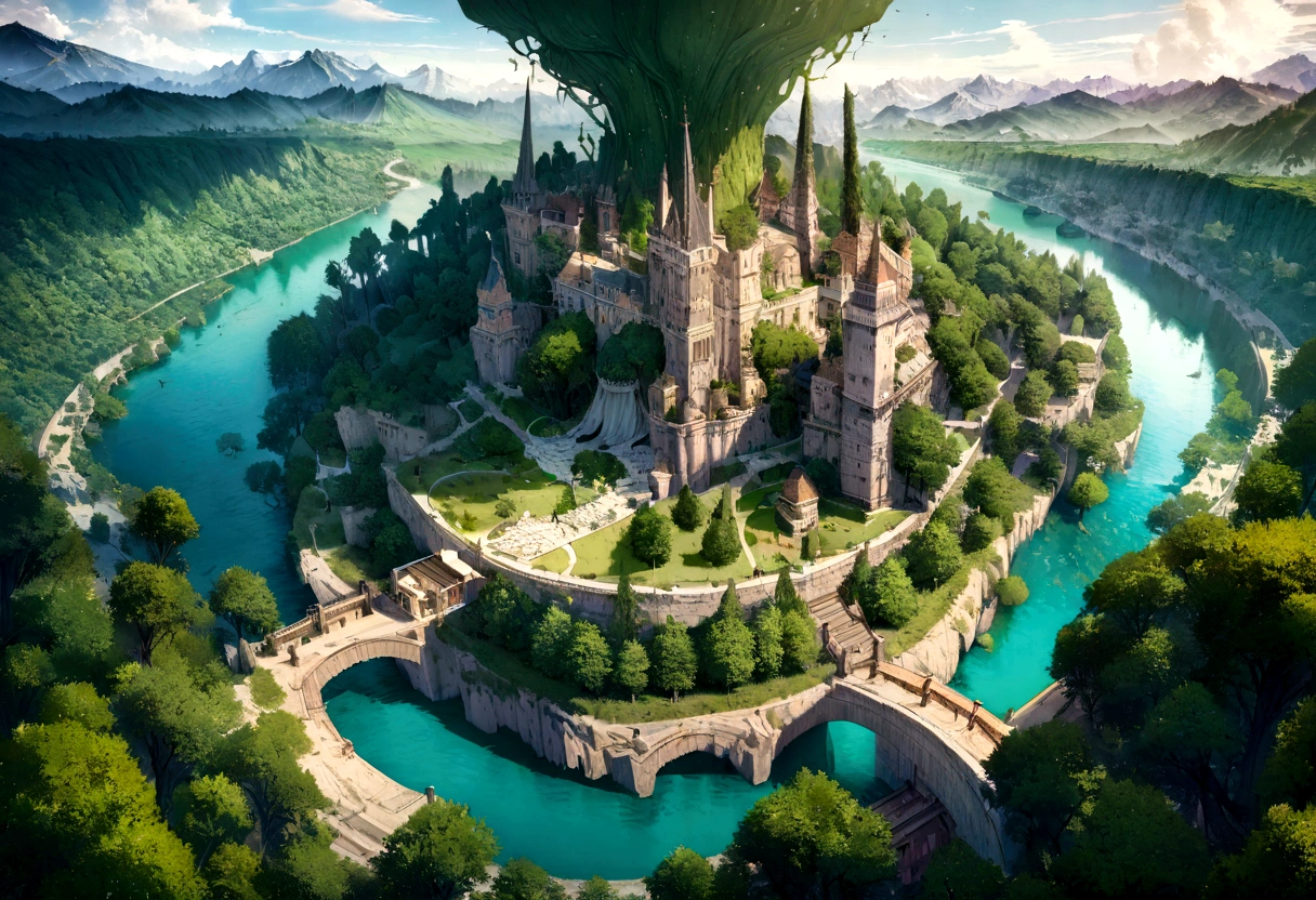 Mapa de estilo mundial Tokkien de la Tierra Media, intricate and immersive, digital painting, highly detailed, cinematic lighting, vibrant colors, lush landscapes, sweeping vistas, mountains, forests, rivers, castles, cities, dense foliage, towering trees, epic proportions, grand scale, masterfully crafted, 8k, award-winning digital art