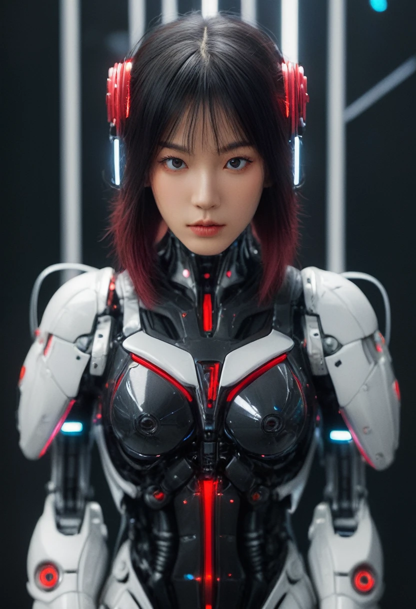 xxmixgirl. Highly detailed professional 35mm film, bokeh, face in sharp focus. A robotic female, Miku, with ((metal skin)), ((perfect Asian eyes)) with magenta irises and ((black pupils)), beautiful serious (detailed face), 18 year old ((photorealistic face)), very long magenta twin tails of magenta hair, twin black hair ties with a single red stripe. She may have a black audio headpiece. We can see her ((full body)) down to her boot soles. Her outfit is a sleeveless collared light grey shirt, outlined in red around the frilled collar and hems. Shiny reflective ((metallic breast cups, dimpleless)), invisible nipples. She wears black sleeves with red hems that start around her upper arm and bellow out as the sleeves open and extend to her wrists, with wide trumpet red rimmed cuffs. She has perfect robotic (detailed hands). She wears a red colored tie with two horizontal solid parallel black lines halfway across. She wears a fabric black skirt with a horizontal red hem at the bottom all the way around; her (((black skirt wraps around her))) and ((her skirt completely covers)) her robotic waist and thighs. Tall black boots with red bottom soles, a red rim around the top at her thighs. Her mechanical shoulder joints are visible. We can see her robotic legs and robotic neck. Half of her is covered with shiny polished machinery. The background is a distant dark neon futuristic Japanese city, gold, cyan, violet neon, near harbor or mountains.