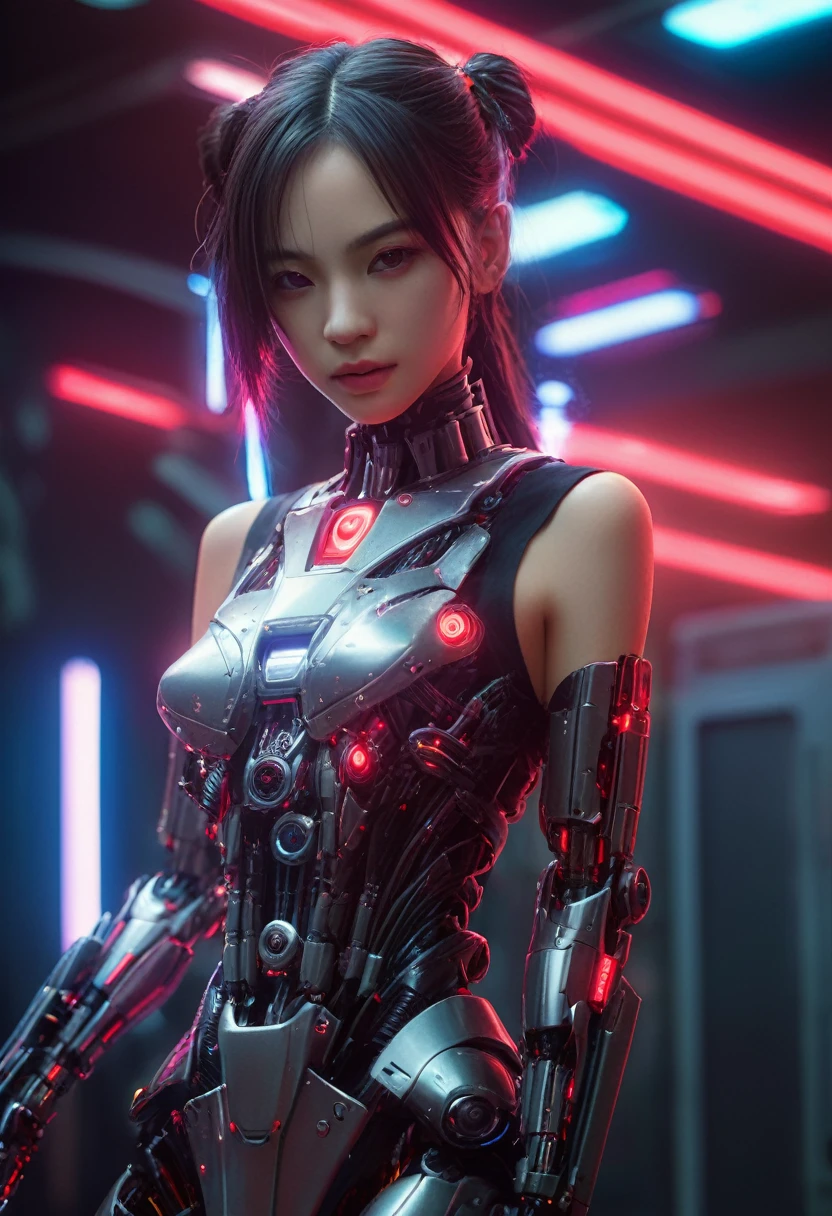 xxmixgirl. Highly detailed professional 35mm film, bokeh, face in sharp focus. A robotic female, Miku, with ((metal skin)), ((perfect Asian eyes)) with magenta irises and ((black pupils)), beautiful serious (detailed face), 18 year old ((photorealistic face)), very long magenta twin tails of magenta hair, twin black hair ties with a single red stripe. She may have a black audio headpiece. We can see her ((full body)) down to her boot soles. Her outfit is a sleeveless collared light grey shirt, outlined in red around the frilled collar and hems. Shiny reflective ((metallic breast cups, dimpleless)), invisible nipples. She wears black sleeves with red hems that start around her upper arm and bellow out as the sleeves open and extend to her wrists, with wide trumpet red rimmed cuffs. She has perfect robotic (detailed hands). She wears a red colored tie with two horizontal solid parallel black lines halfway across. She wears a fabric black skirt with a horizontal red hem at the bottom all the way around; her (((black skirt wraps around her))) and ((her skirt completely covers)) her robotic waist and thighs. Tall black boots with red bottom soles, a red rim around the top at her thighs. Her mechanical shoulder joints are visible. We can see her robotic legs and robotic neck. Half of her is covered with shiny polished machinery. The background is a distant dark neon futuristic Japanese city, gold, cyan, violet neon, near harbor or mountains.