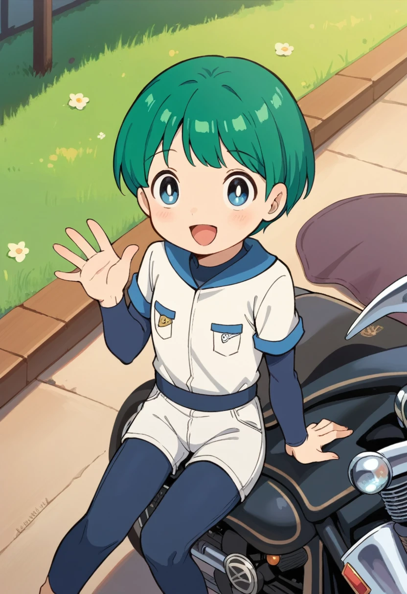 Cute young boy, ropple, blue eyes, green hair, cute face, very smail, laughing, nsfw, small breasts, waist, motorcycle pants, wet spats, cute crotch penis, sitting, full view body, waving at viewer, looking at another, cute face, very smail, laughing, happy,