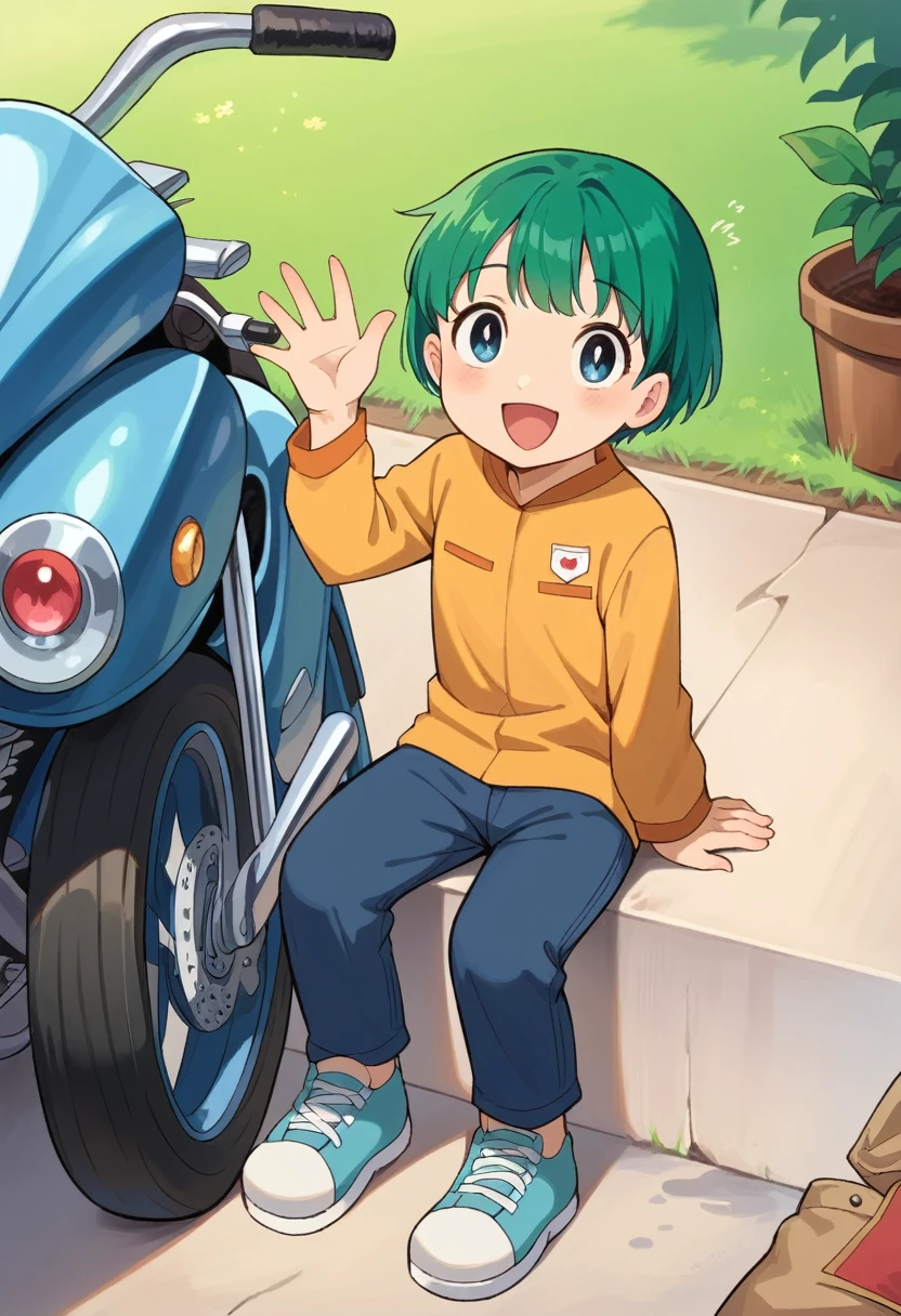 Cute young boy, ropple, blue eyes, green hair, cute face, very smail, laughing, nsfw, small breasts, waist, motorcycle pants, wet spats, cute crotch penis, sitting, full view body, waving at viewer, looking at another, cute face, very smail, laughing, happy,