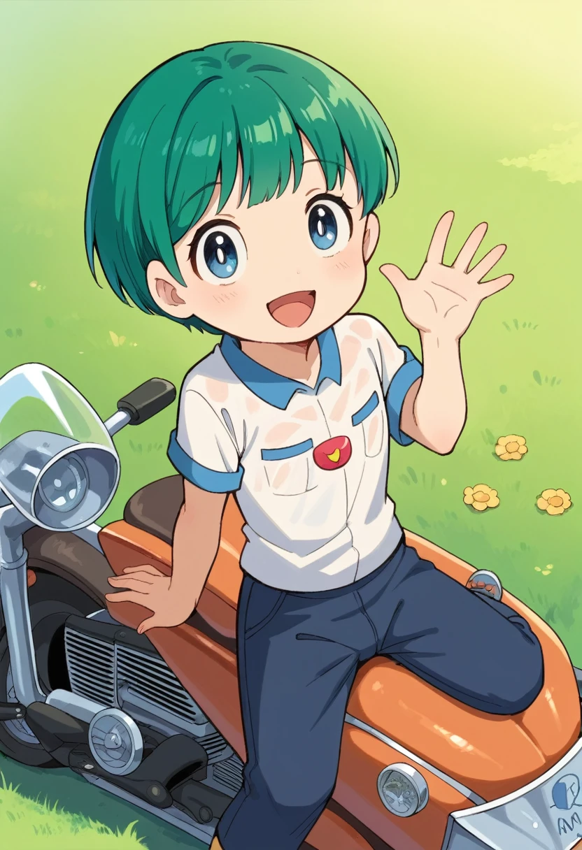 Cute young boy, ropple, blue eyes, green hair, cute face, very smail, laughing, nsfw, small breasts, waist, motorcycle pants, wet spats, cute crotch penis, sitting, full view body, waving at viewer, looking at another, cute face, very smail, laughing, happy,