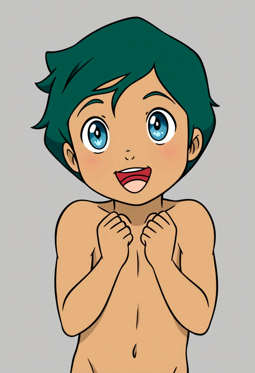 Cute young boy, ropple, blue eyes, green hair, cute face, very smail, laughing, version of Korra striking a pose, completely nude, boy, toddler, the legend of korra, darker skin, best quality, amazing quality, very aesthetic, absurdres,