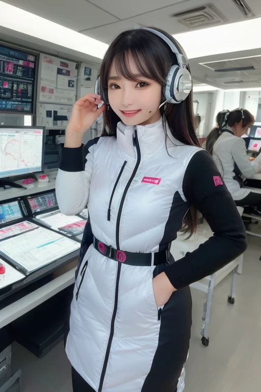 masterpiece, Highest quality, Very detailed, 8K Portrait,Japanese Android Girl,plump , Control panel,Robotic arms and legs, Blunt bangs,,break (Metallic Gray, Metallic luster, Mirror finish, Astro Best):5,headphone:5,break (Black sleeves):100,Smart Watches,Futuristic space station,Control Room,break headphone,blue eyes,(Black Hair):2,(Long Hair):1.3,Displaying the viewer,(respirator),break blush:3,Hidden Hand,smile