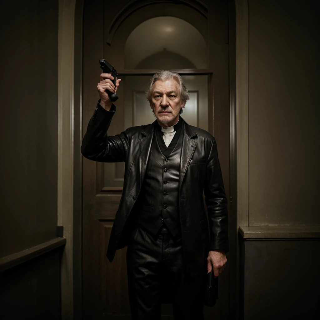 Professional photo,iean McKellen as donald sutherland, a Priest dressed in a ragged black office suit reinforced in leather holding a gun, 4k,photo, photographic style, photography