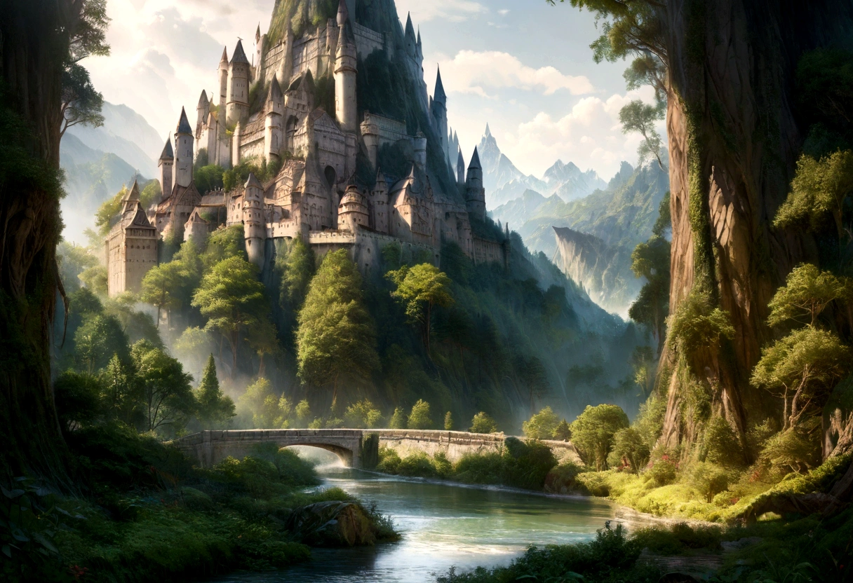 intricate and immersive, digital painting, highly detailed, cinematic lighting, lush landscapes, sweeping vistas, mountains, forests, rivers, castles, cities, dense foliage, towering trees, epic proportions, grand scale, masterfully crafted, photorealistic, 8k, award-winning digital art