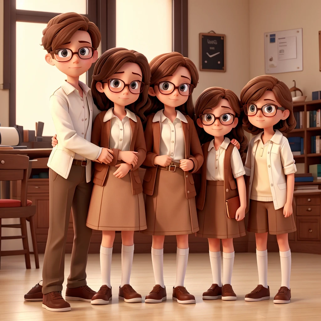 Tall white boy, one girl with glasses, one girl with glasses and one girl with brown hair. All of them hugging