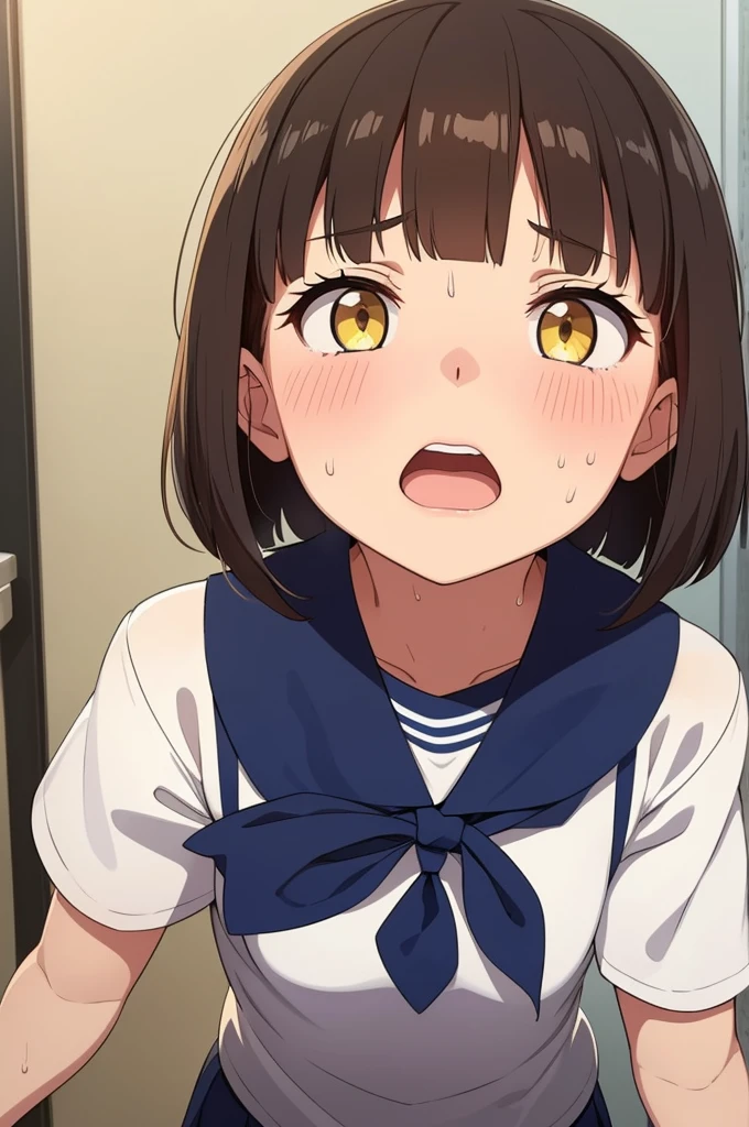 ((Small Breasts)),Highest quality、Very delicate and beautiful、((Very short bangs))、((Bangs))、Light shiny brown hair、The hair is light、((Short Bob))、Cute face、Young face、Cute like an idol、Yellow Eyes、Are thin、Slim figure、Short、(Child body type)、((Lots of sweat))、Embarrassed face、Open Mouth、Troubled face、Red face、(School classroom)、Photographed from the front、