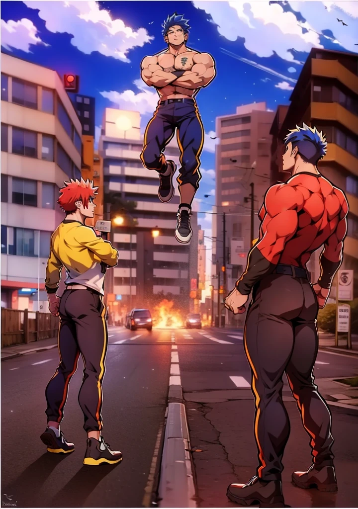 Generate an anime style art image of an adult man, protagonist, Extremely muscular with blue hair ,very muscly ,the character must be talking,Arte estilo de anime .