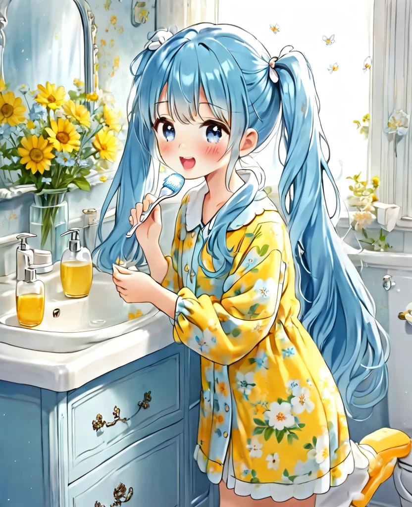 Brushing your teeth Have a toothbrush Light blue long hair Beautiful girl with twin tails Just woke up A bright, sunny washstand Yellow floral pajamas、There are lots of flowers around