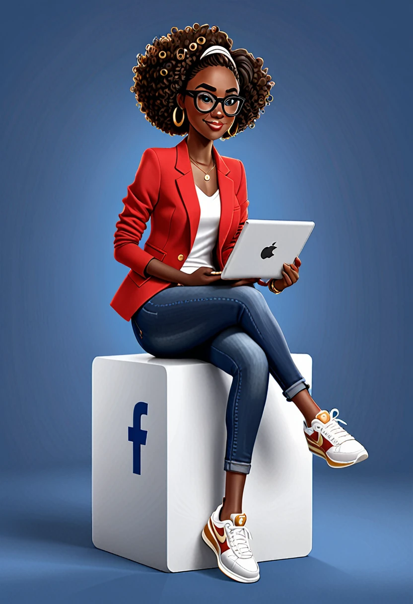 Create a 3D illustration of an animated African American Plus sizer woman character sitting casually on top of a social media logo " facebook ". the character must wear a red blazer, jeans, white blouse, white Nike sneakers, short black and curly hair black skin, slightly slanted brown eyes with black and gold glasses and holding an iPad. The image background is a social media profile page.