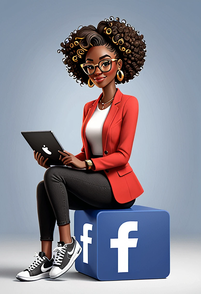 Create a 3D illustration of an animated African American Plus sizer woman character sitting casually on top of a social media logo " facebook ". the character must wear a red blazer, jeans, white blouse, white Nike sneakers, short black and curly hair black skin, slightly slanted brown eyes with black and gold glasses and holding an iPad. The image background is a social media profile page.