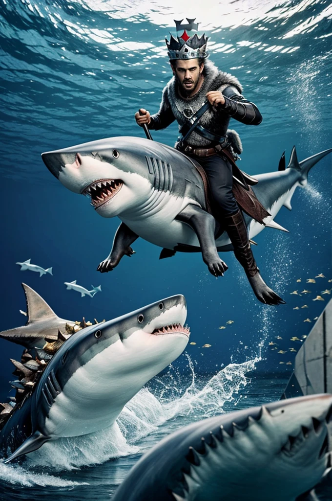 A wolf with a crown defeating a shark