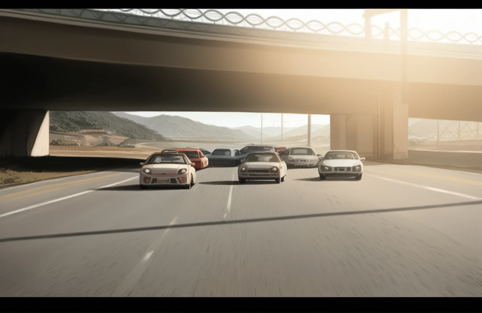 a multi-lane highway, with five sports cars advancing in parallel. The road is deserted on both sides of the cars. The vehicles are lined up in formation and appear to be similar models, possibly luxury sports cars. The landscape behind the cars includes barren hills and a bridge they pass over, with a clear sky and natural lighting that suggests it is early morning or evening.