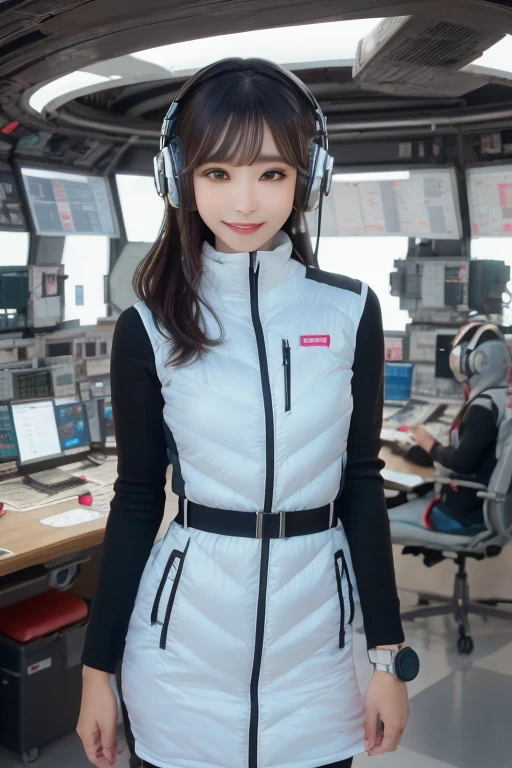 masterpiece, Highest quality, Very detailed, 8K Portrait,Japanese Android Girl,plump , Control panel,Robotic arms and legs, Blunt bangs,,break (Metallic Gray, Metallic luster, Mirror finish, Astro Best):5,headphone:5,break (Black sleeves):100,Smart Watches,Futuristic space station,Control Room,break headphone,blue eyes,(Black Hair):2,(Long Hair):1.3,Displaying the viewer,(respirator),break blush:3,Hidden Hand,smile