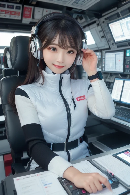 masterpiece, Highest quality, Very detailed, 8K Portrait,Japanese Android Girl,plump , Control panel,Robotic arms and legs, Blunt bangs,,break (Metallic Gray, Metallic luster, Mirror finish, Astro Best):5,headphone:5,break (Black sleeves):100,Smart Watches,Futuristic space station,Control Room,break headphone,blue eyes,(Black Hair):2,(Long Hair):1.3,Displaying the viewer,(respirator),break blush:3,Hidden Hand,smile