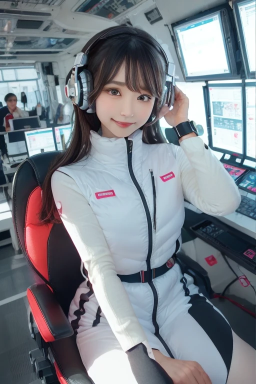 masterpiece, Highest quality, Very detailed, 8K Portrait,Japanese Android Girl,plump , Control panel,Robotic arms and legs, Blunt bangs,,break (Metallic Gray, Metallic luster, Mirror finish, Astro Best):5,headphone:5,break (Black sleeves):100,Smart Watches,Futuristic space station,Control Room,break headphone,blue eyes,(Black Hair):2,(Long Hair):1.3,Displaying the viewer,(respirator),break blush:3,Hidden Hand,smile