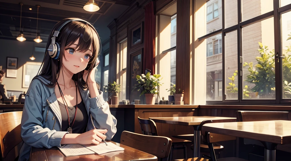 Girl with headphones enjoying music in a cafe　I am studying　Emphasize a little bit of the chest