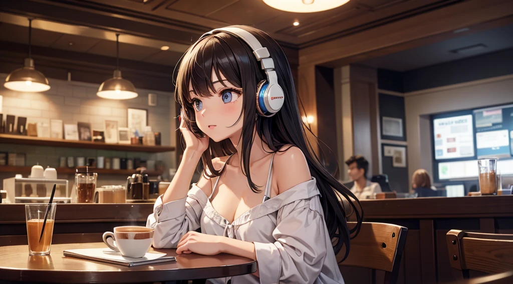 Girl with headphones enjoying music in a cafe I am studying Emphasize a little bit of the chest