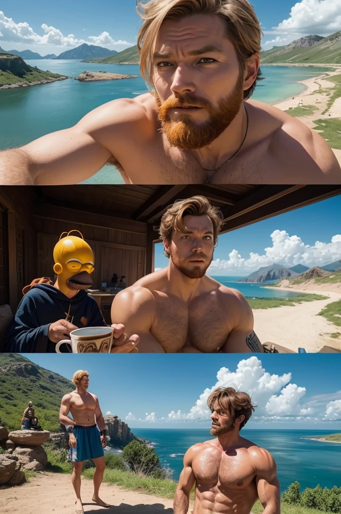 "Obi-Wan Kenobi, Goku and Homer Simpson on a beautiful coffee afternoon. A trinity rests, accompanied by a Beetle and a beautiful landscape. What an epic and funny moment."