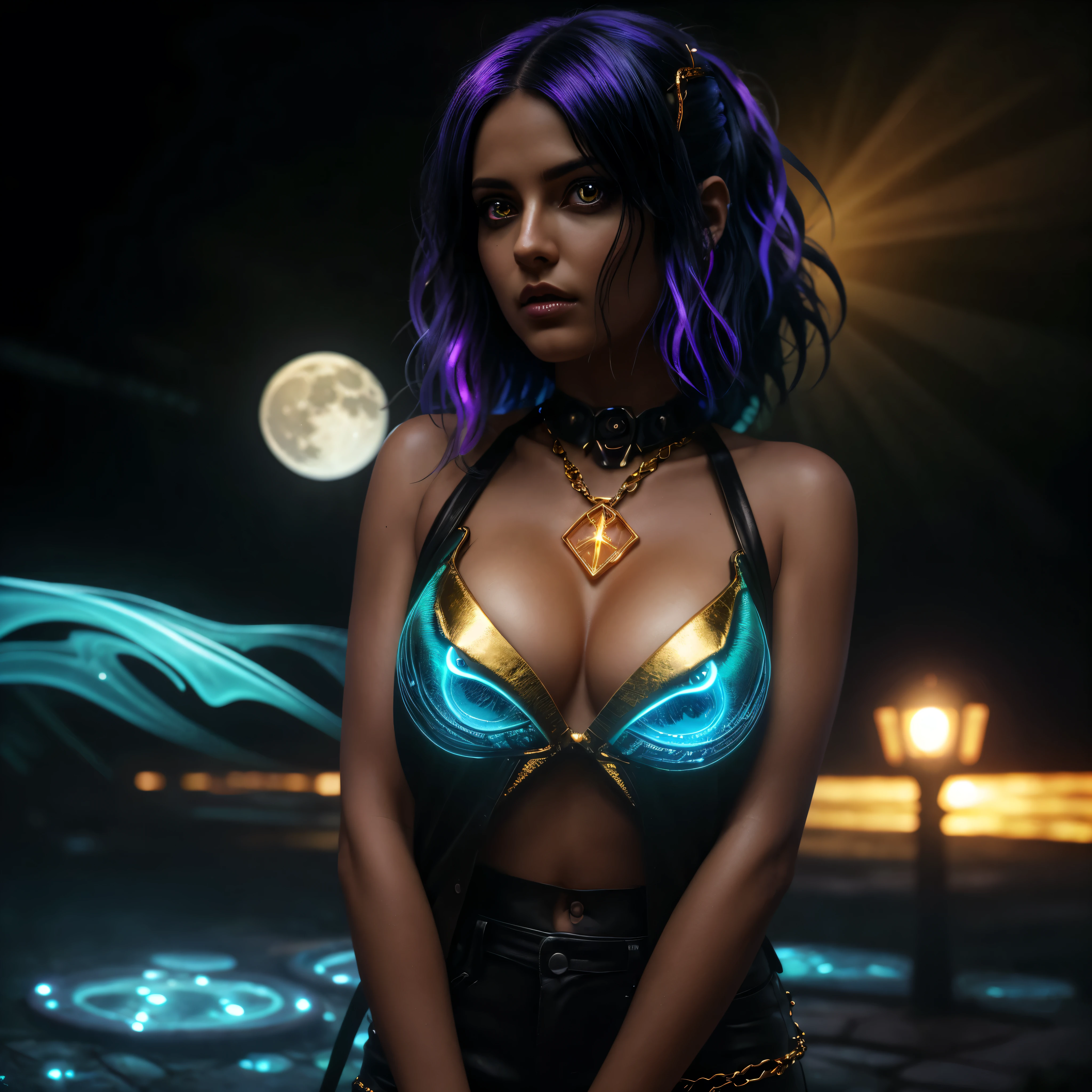 +(((HDMI, HDRI, UDHD))),((Njj 3d)+(Njj modern anime)), night, rain, cemetery, 1 woman, punk rock style clothes, black leather jeans, chains, sneakers, ( (neon iris lighting) 1.1), (eyes emit a magical glow 1.1), ((detailed beautiful eyes) 1.1)), lighting: ((light source full moon))), (((bioluminescence halo light effect Aura focuses on hair))), light falling from above, close-up, bright colors, high quality, extreme detail, blur, depth of field, blurred foreground, looking into the camera, The image had to have an overall sense of mysticism and otherworldliness., with even more number of fantasy elements. (perfect details: 1.1), (beautiful and clear background: 1.2), (extremely detailed CG, ultra detailed, best shadow: 1.1), (finely detailed beautiful eyes), (full-length 1.1), ((fairy fog effect)) , ((ultrasound wave effect)), ((golden rays)), ((abnormal air vibration))., 3D, digital art, on a solid color black background
