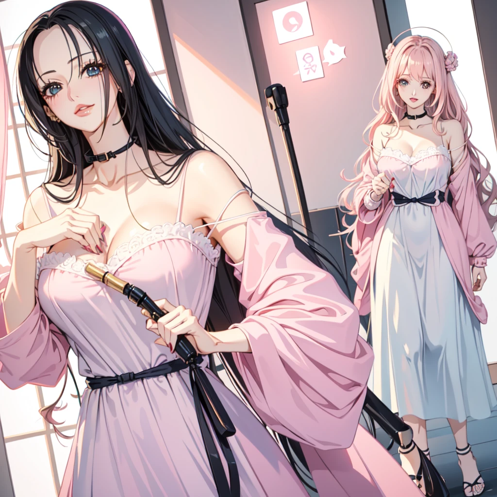 Screen capture Anime NANA, adult female, long wavy black hair, natural Korean makeup, soft lips, lip gloss, blue eyes, delicate expression, delicate smile, delicate and cute style, costume with lace, pastel Pink/white/pink costume, coquette style, big and delicate nails, careful hair, top quality, idol girl.
