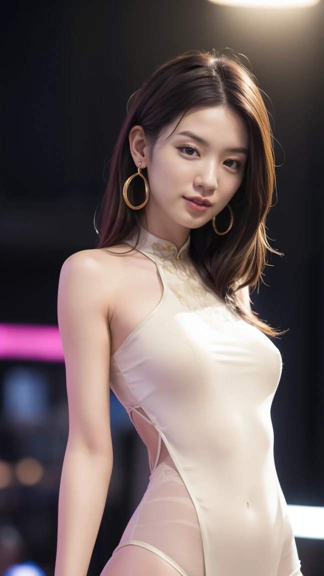 8K, Tabletop, RAW Photos, Highest quality, Realistic, Highly detailed CG Unity 8K wallpaper, Written boundary depth, Cinematic Light, Lens flare, Ray Tracing, (Very beautiful face, Beautiful Lips, Beautiful Eyes), Intricately detailed faces, ((Highly detailed skin)) 1 Girl, In the Dark, Deep Shadow, Cute Korean Girl, K-POPアイドル, 1 Girl, (Medium Hair, Brown Hair), (Very slim and slender fit muscular body:1.3), ((Looking at the audience)),(Big smile:1.3), (Fashion City Night, Dark Night, (Neon Signs), (Blurred Background), Fashion Street Night),(No people in the background:1.3), Beautiful earrings, bracelet, pantyhose, Clear Eyes, walk, (White skin), (Big eyes), I&#39;m looking forward to, (Full Body Shot), ((Silk Chinese Dress:1.3)), ((Tight Fit Dress)), , (Looking at the audience:1.3), Very slim, Huge boobs, return, ((Back view:1.3, Stick your butt out:1.5), I focus, In front of eyebrows,(Tight dress), Thin thighs, Browsing Caution