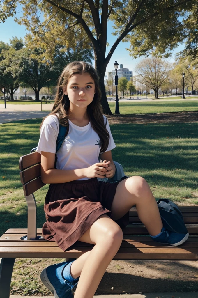 Teenage woman dressed as a , by rubio, blue eyes, sitting on a brown bench in a park, sunny day