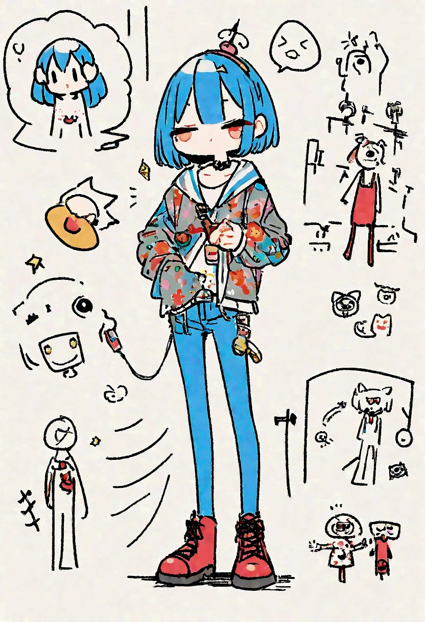 猫と一緒にcute, Standing on a quiet street,cute全画面グラフィティ アート，Rough line drawing by. Graffiti and Keith Haring, Little Blue, Stickman, like々Shii, cute, Personification, ,sketch, Sharpie illustration, MBE-Illustration, Bold Line, Grunge Beauty Style, Mixed Pattern, Installing Text and Emojis,32 thousand.