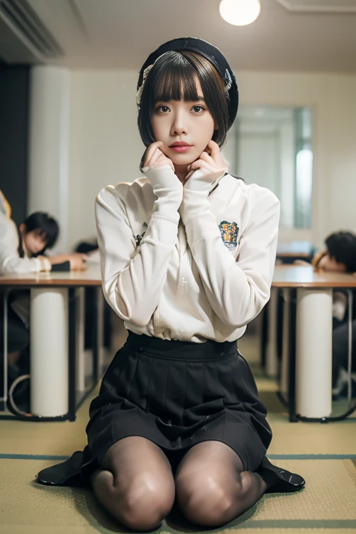 Beautiful and meticulous girl, Very detailed eyes and face, Beautiful attention to detail, Ridiculous, incredibly Ridiculous, Large file size, Very detailedな, High resolution, Very detailed, Highest quality, masterpiece, Kemomimi, ((Japanese high school girls uniform)), figure, Very detailed, CG, Unity, 8k wallpaper, wonderful, Fine details, masterpiece, Highest quality, Very detailed CG uniform 8k wallpaper, Face Light, Cinema Lighting, One girl, 16 years, (No pants) ), (((Dynamic pose))), (Camel Toe), (half), (pantyhose), (Bend your knees and sit on your feet))
