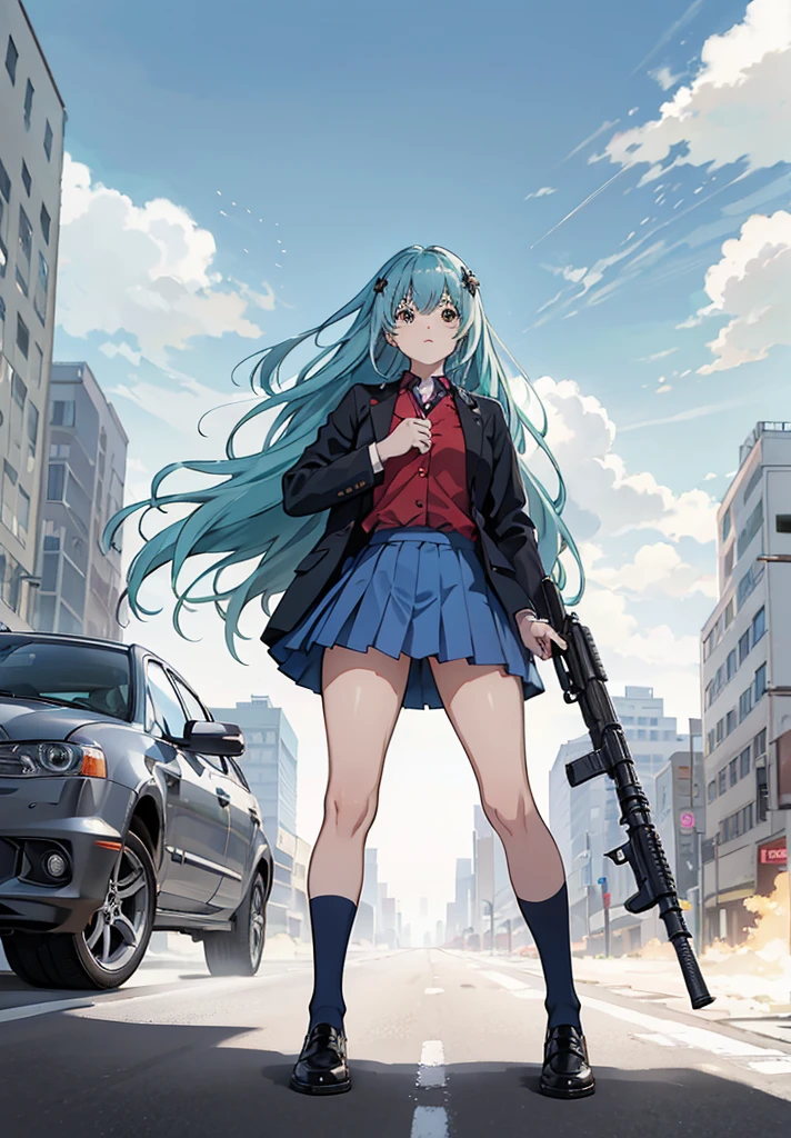 masterpiece,HigHest quality, Lens flare, DeptH of written boundary, (close:1.3), (Wide SHot, FisHeye Lens:0.85), Face Focus, One Girl ,Are standing, Blue long Hair, ,Pleated skirt, (Have a weapon, Hold tHe rifle,Targeting,Target:1.2), gun, H&hk416, carbine, fire, Firing, sunny,blue sky,cloudy,city,street,road signs, Skyscraper,