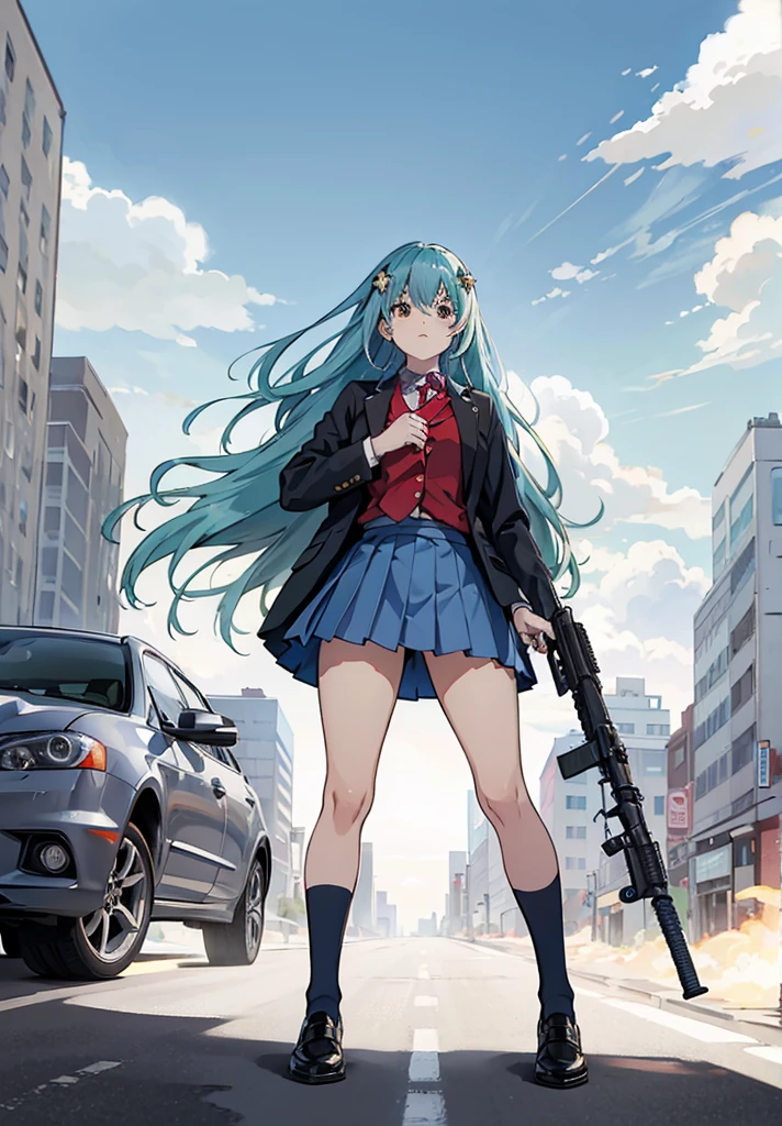 masterpiece,HigHest quality, Lens flare, DeptH of written boundary, (close:1.3), (Wide SHot, FisHeye Lens:0.85), Face Focus, One Girl ,Are standing, Blue long Hair, ,Pleated skirt, (Have a weapon, Hold tHe rifle,Targeting,Target:1.2), gun, H&hk416, carbine, fire, Firing, sunny,blue sky,cloudy,city,street,road signs, Skyscraper,