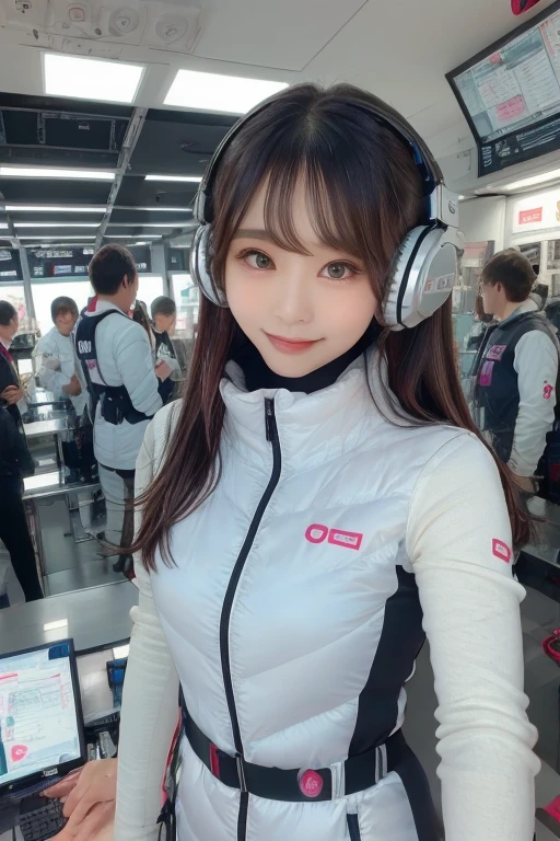masterpiece, Highest quality, Very detailed, 8K Portrait,Japanese Android Girl,plump , Control panel,Robotic arms and legs, Blunt bangs,,break (Metallic Gray, Metallic luster, Mirror finish, Astro Best):5,headphone:5,break (Black sleeves):100,Smart Watches,Futuristic space station,Control Room,break headphone,blue eyes,(Black Hair):2,(Long Hair):1.3,Displaying the viewer,(respirator),break blush:3,Hidden Hand,smile