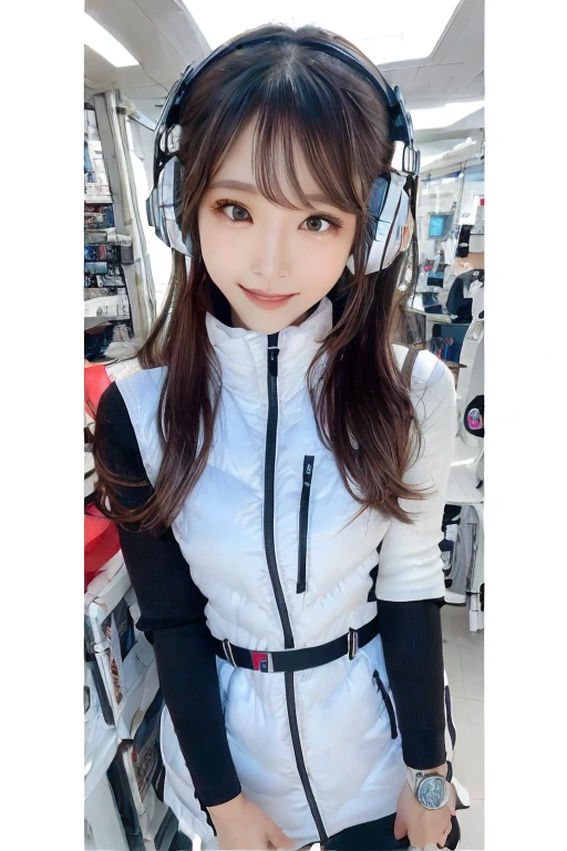 masterpiece, Highest quality, Very detailed, 8K Portrait,Japanese Android Girl,plump , Control panel,Robotic arms and legs, Blunt bangs,,break (Metallic Gray, Metallic luster, Mirror finish, Astro Best):5,headphone:5,break (Black sleeves):100,Smart Watches,Futuristic space station,Control Room,break headphone,blue eyes,(Black Hair):2,(Long Hair):1.3,Displaying the viewer,(respirator),break blush:3,Hidden Hand,smile