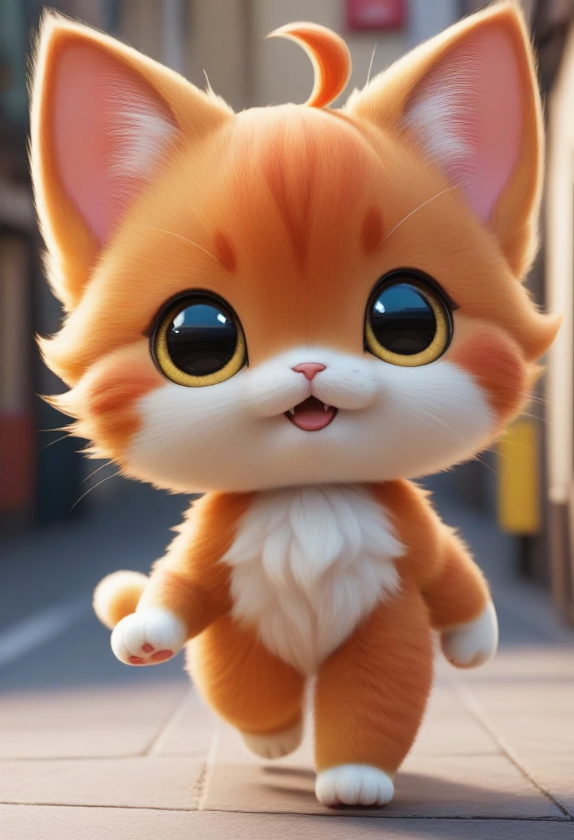 Please draw cute images in the style of 3D animation.
A cute, plump, big cat with big ginger-colored eyes is walking down the street.
A cute big ginger-colored cat with a hungry expression is walking along a lively street. The soft evening light envelopes the town as shops and people come and go. The cat's eyes move around, as if searching for something.