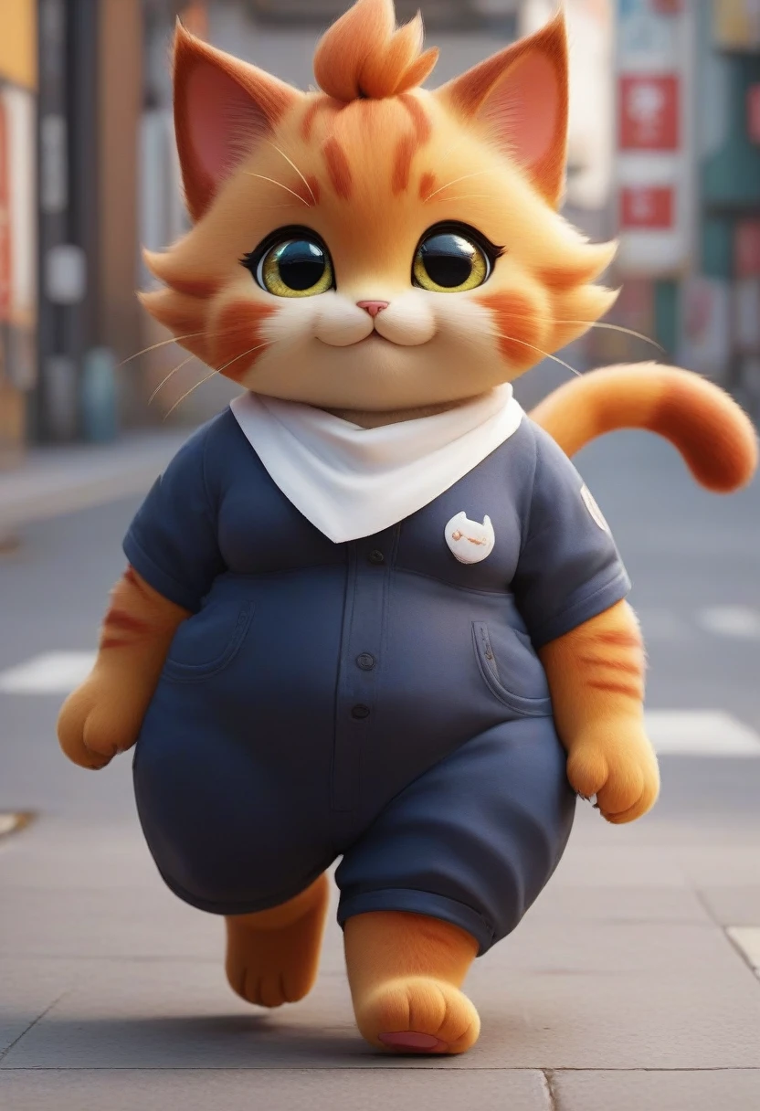 Please draw cute images in the style of 3D animation.
A cute, plump, big cat with big ginger-colored eyes is walking down the street.
A cute big ginger-colored cat with a hungry expression is walking along a lively street. The soft evening light envelopes the town as shops and people come and go. The cat's eyes move around, as if searching for something.