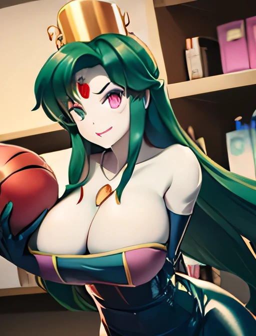 (masterpiece,best quality,ultra-delicate,Perfect Face,16k,high resolution,very beautiful woman), Atsugessho:1.3, upper body shot,deep green hair,blue latex bodycon dress, long latex gloves, green tights, ((large breasts)), gold headpiece, pale blue skin, red gem on forehead, pink mist, ((cosmetics counter)), holding large red ball on rope, necklace, smirk, (extremely glossy)