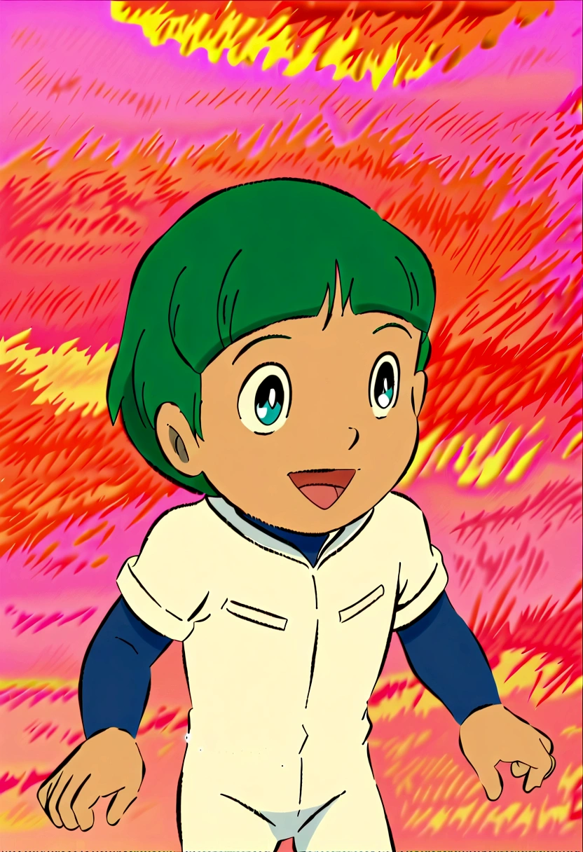 Cute young boy, ropple, blue eyes, green hair, cute face, very smail, laughing, version of Korra striking a pose, completely nude, boy, toddler, the legend of korra, darker skin, best quality, amazing quality, very aesthetic, absurdres,