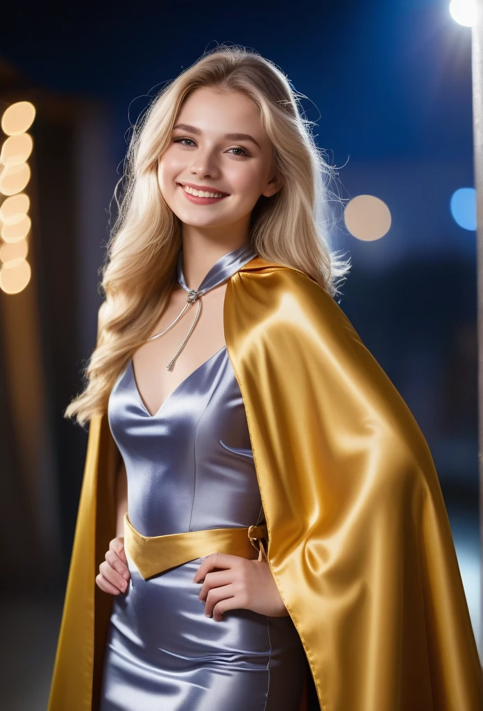 (RAW photo) , 1girl, cute, 20 years old, long blonde hair , smiling, look at viewer, ((((silver and gold lined satin cape tied at the neck)))+++, side spilt skirt , photo, realistic, best quality, hires, detailed face, detailed background, diffused lighting, depth of field, bokeh